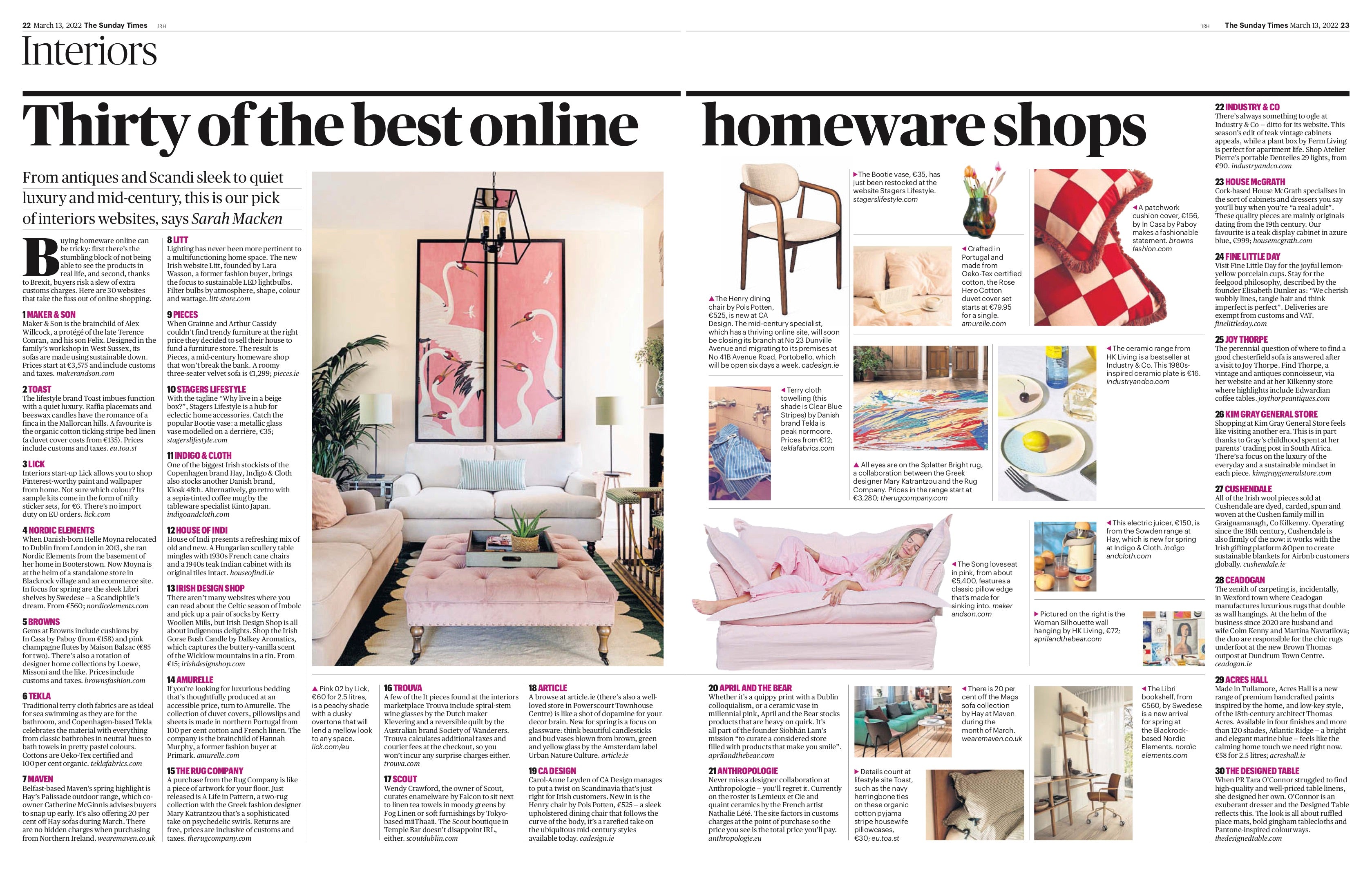 Thirty of the best online homeware shops - Sunday Times 13 March
